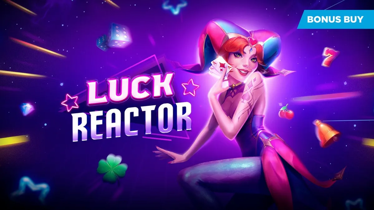 Tampilan visual slot Luck Reactor dengan tema neon futuristik