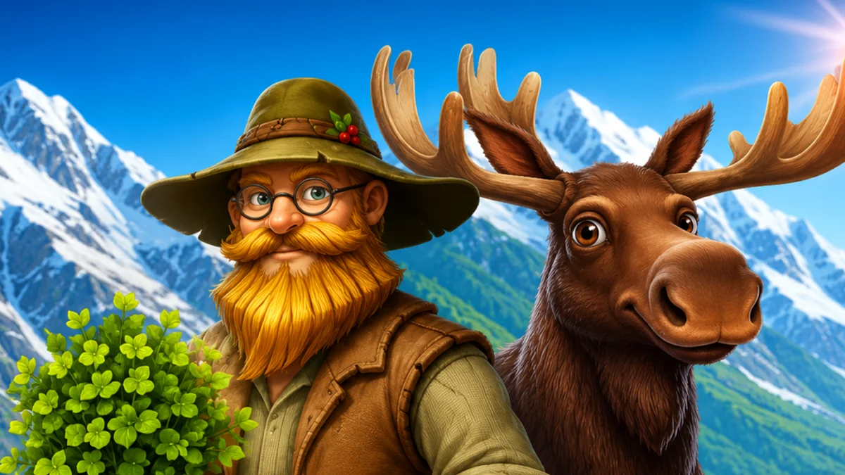 Pemandangan hutan pegunungan yang tenang dalam slot Wild Moose Bonanza