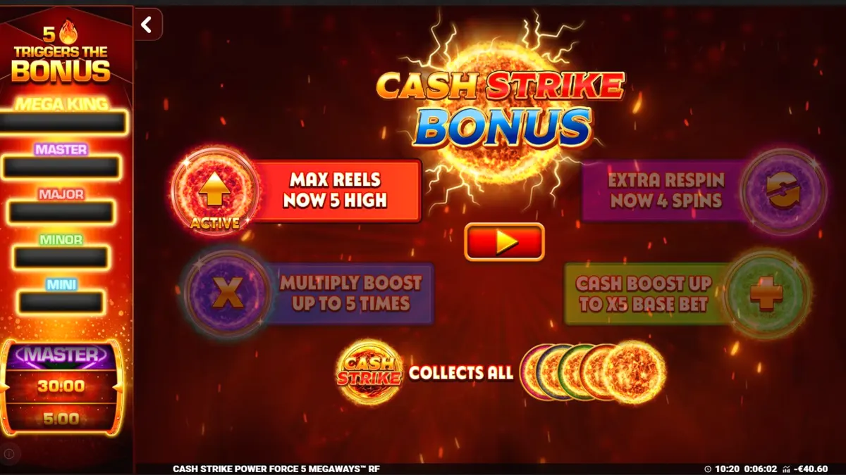 Tampilan visual slot Cash Strike Power Force 5 Megaways dengan simbol buah klasik.