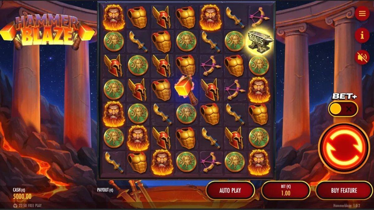 Tampilan visual slot Hammerblaze dengan tema bengkel dewa Yunani